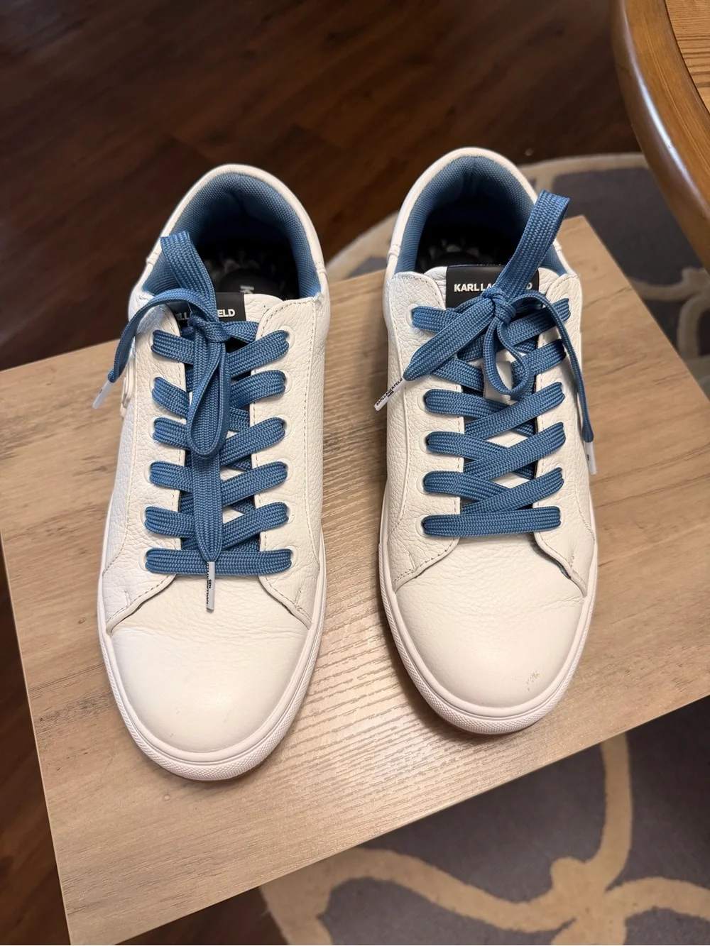 Karl Lagerfeld White Leather Sneakers with Blue Laces and Gum Sole